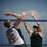 Beach volleyball spike and blocking